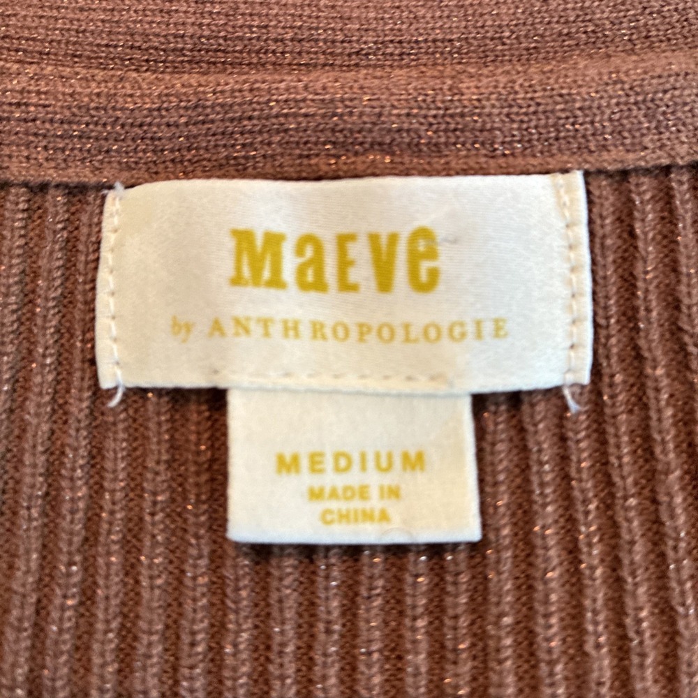 Maeve Thea Ribbed V-Neck Sweater Top Medium Honey Brown Metallic Anthropologie - Picture 5 of 10